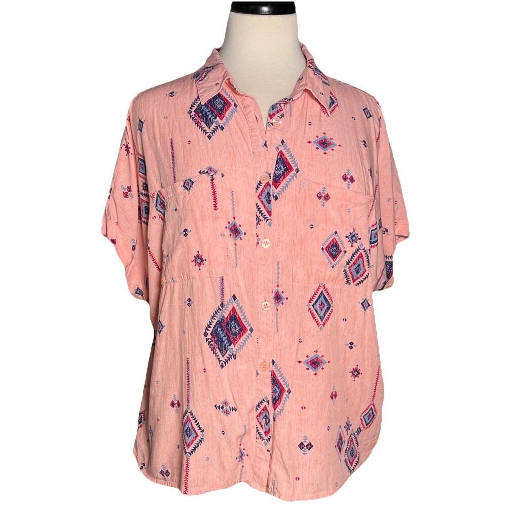 LuLaRoe Women’s Amy Button Down Pink Blouse with Aztec Character Small